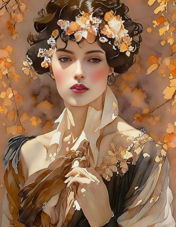 Portrait of Woman with Porcelain Skin and Floral Hair in Autumn Setting