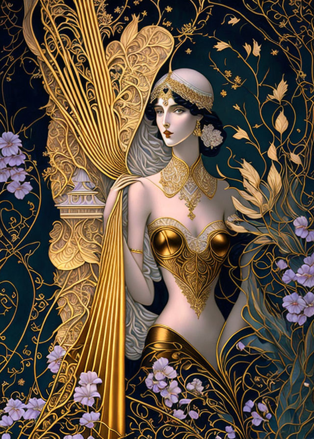 Art Nouveau-style woman with golden winged headpiece and floral motifs on dark background