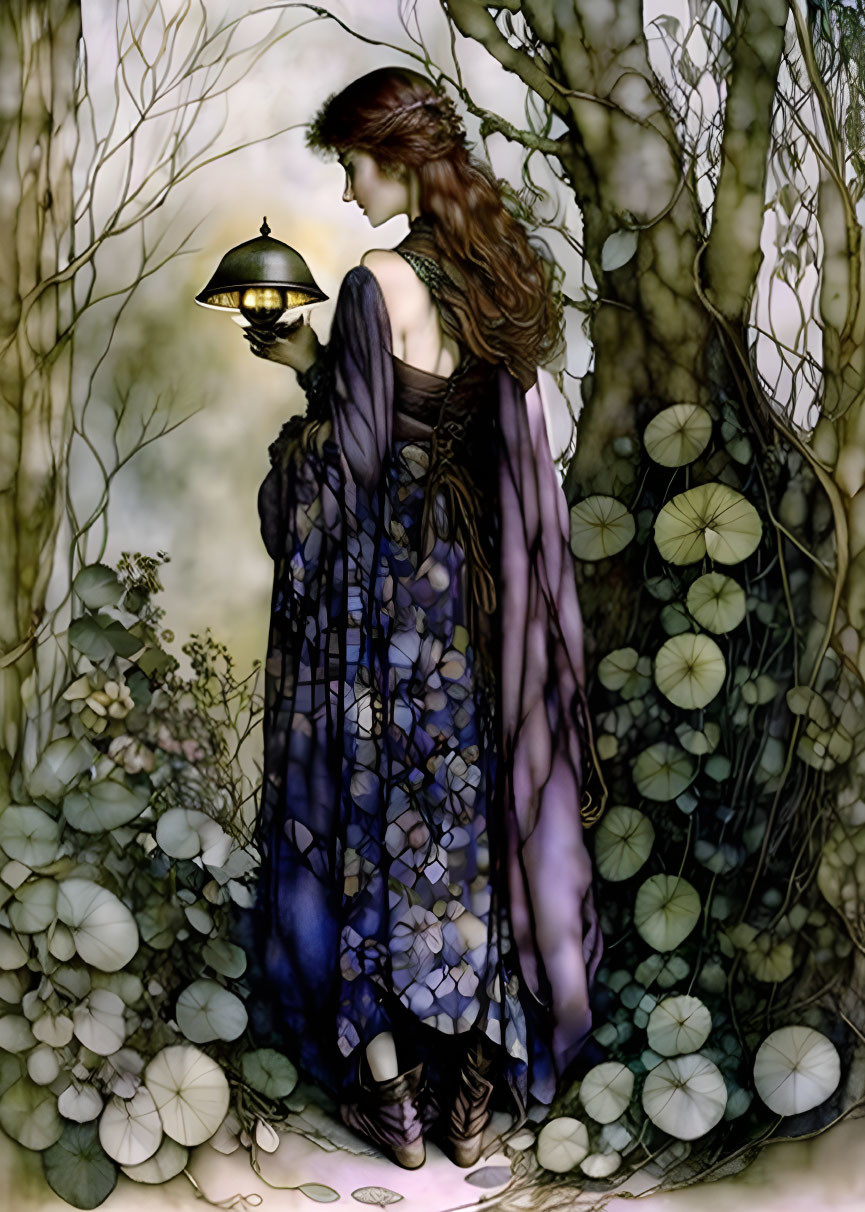 Woman in violet dress with lantern in mystical forest