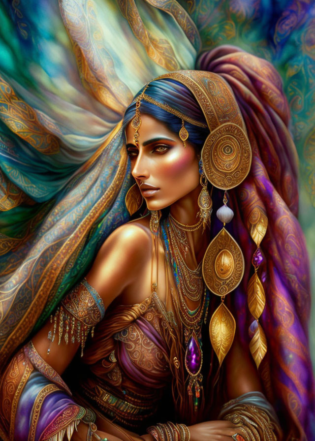 Detailed Illustration of Woman in Gold and Purple Jewelry against Colorful Background