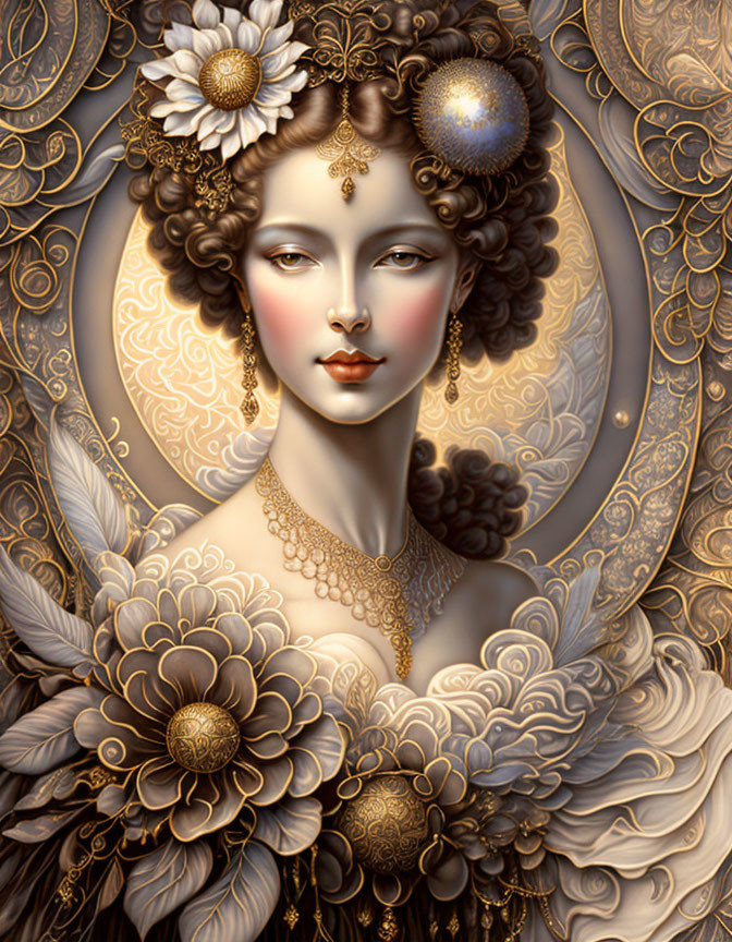 Detailed portrait of woman with golden floral patterns and ornate jewelry