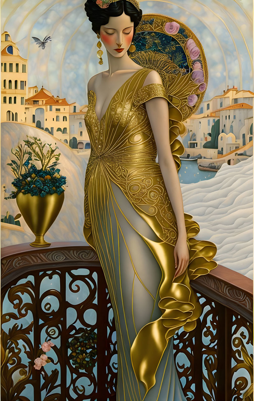 Stylized painting of woman in gold dress with peacock motifs on balcony overlooking seaside town