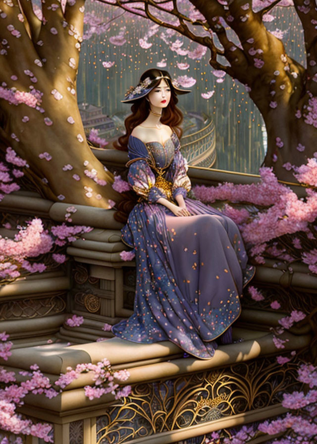 Traditional Attire Woman Under Cherry Blossoms Illustration