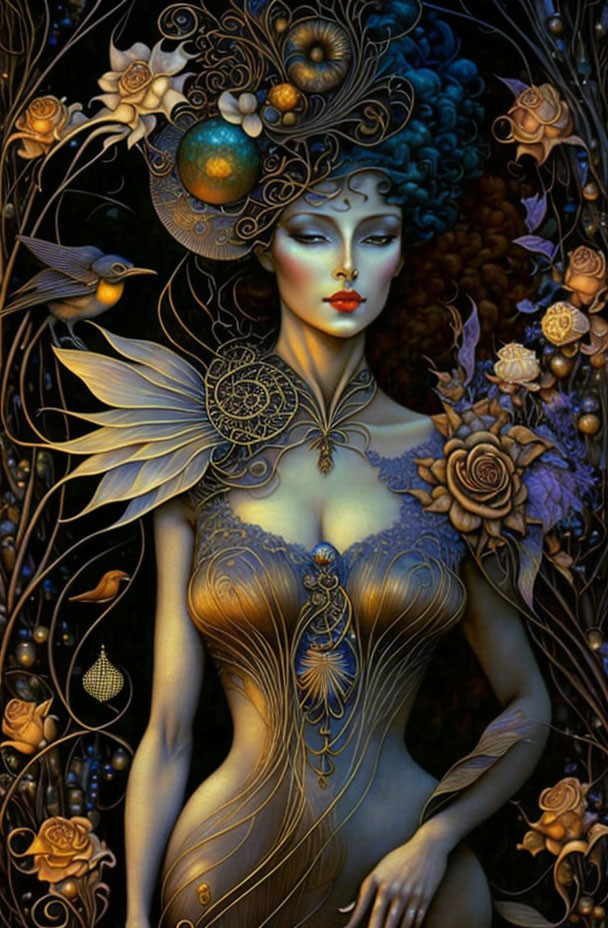 Fantasy woman with golden skin and planetary headpiece in nature setting