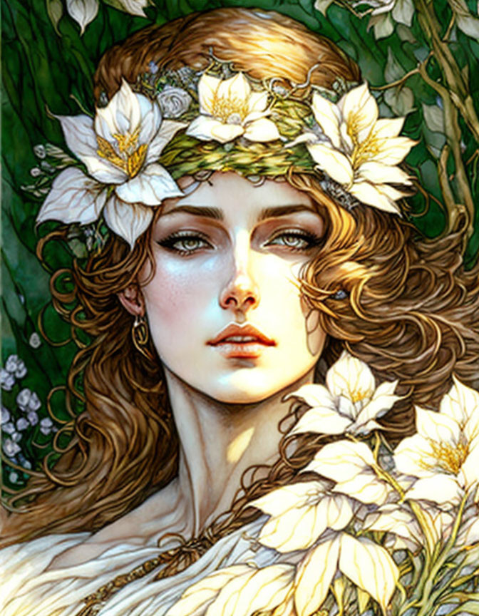 Illustrated woman with flowing hair and white flowers against green foliage