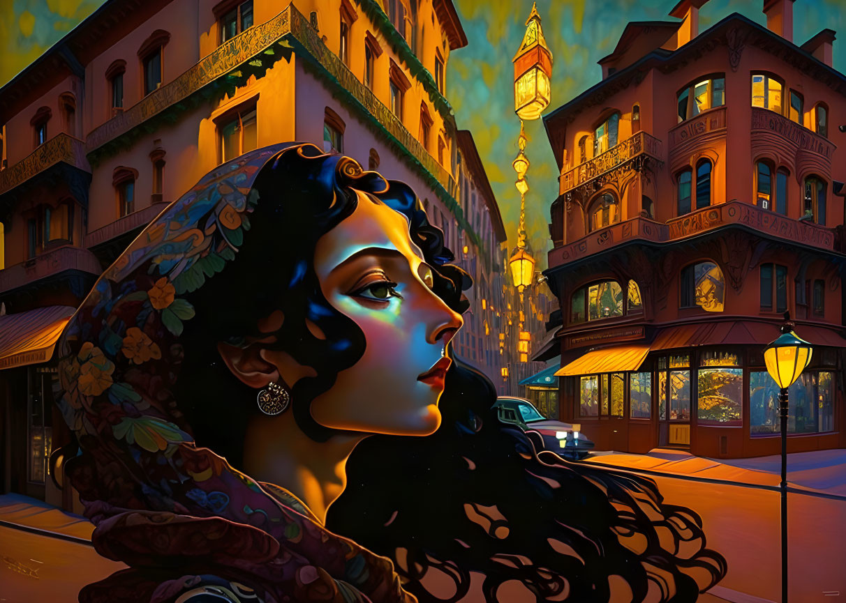 Illustrated woman in scarf gazes at vibrant street corner at dusk