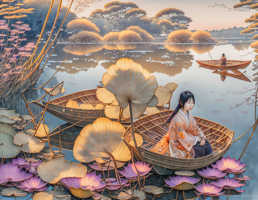 Woman in boat among lotus flowers on calm lake at dusk or dawn