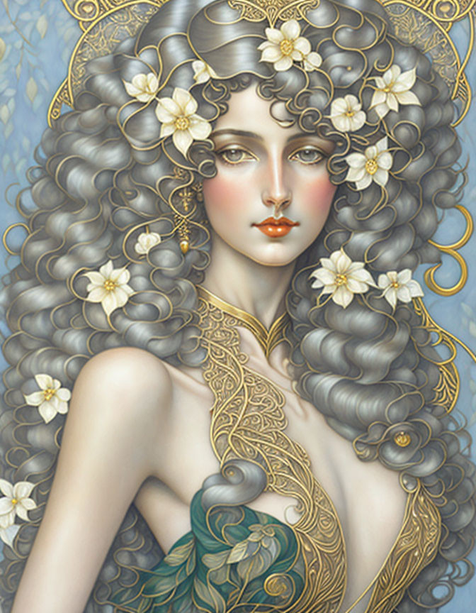 Woman with Voluminous Curly Hair, Golden Tattoos, Flowers, and Green Garment