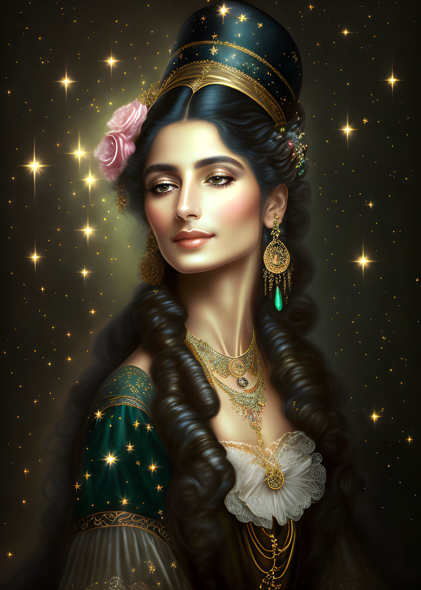 Illustrated portrait of woman in blue traditional dress with rose headdress and jewelry amid twinkling stars