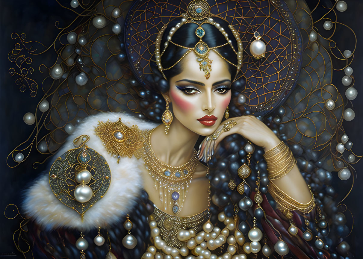 Woman adorned with gold jewelry and pearls on dark background