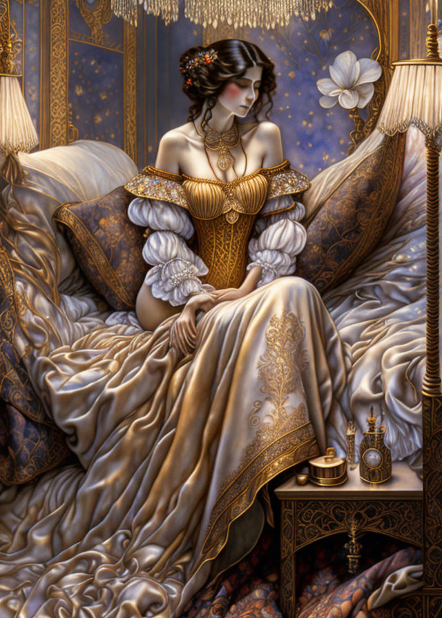 Luxurious woman in golden corset amid opulent vintage room