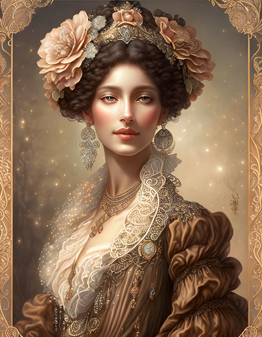 Regal Woman Portrait with Ornate Attire and Vintage Frame