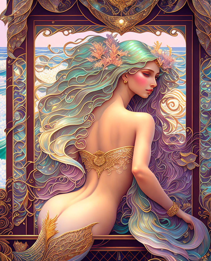 Mermaid fantasy illustration with golden tail and flowing hair in Art Nouveau style.