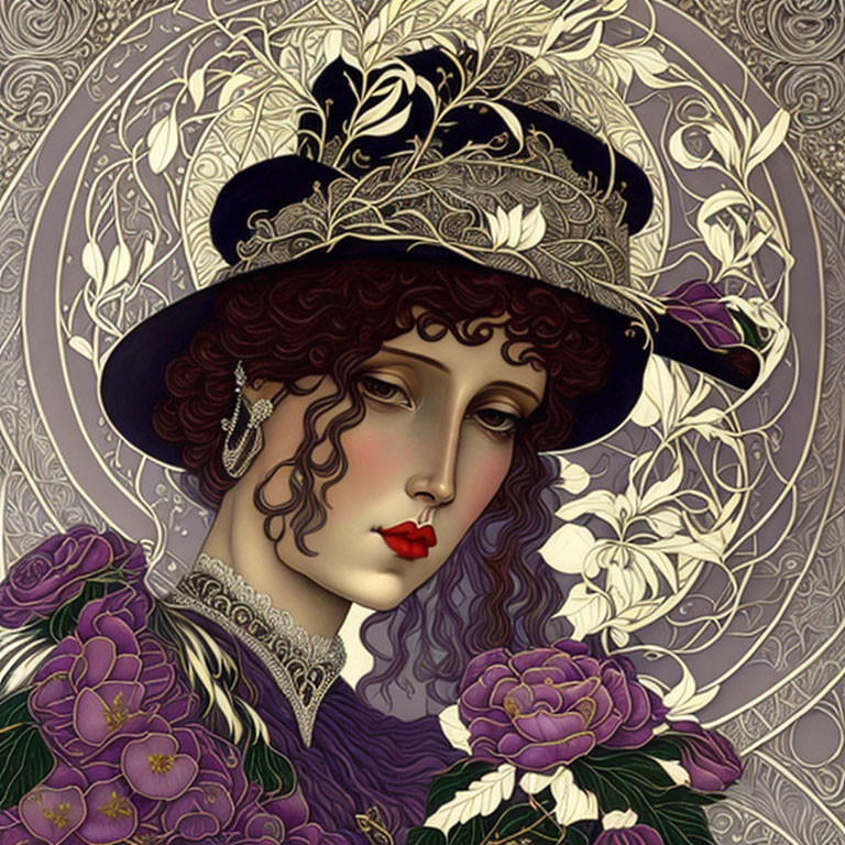 Art Nouveau Woman Illustration with Floral Hat and Flowing Hair