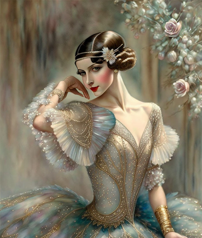 Vintage-inspired elegant woman in pearl-adorned gown with floral motif