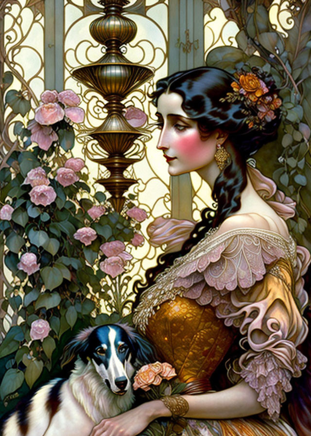 Victorian-style illustration of woman with elaborate hairstyle, ornate gate, dog, and roses.