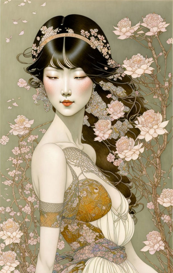 Ethereal woman with cherry blossoms in flowing hair and patterned dress