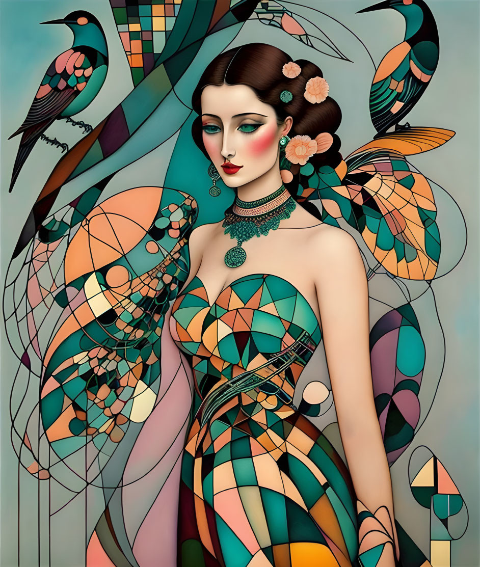 Colorful Art Nouveau Woman with Geometric Patterns and Birds