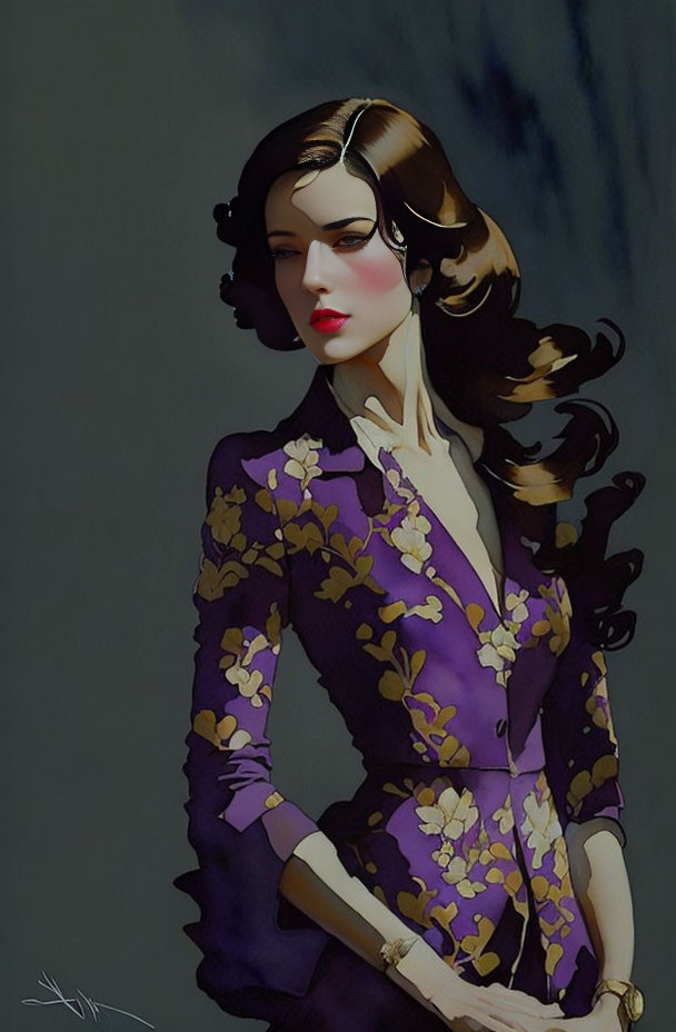 Dark-haired woman in purple floral dress: Vintage elegance illustrated