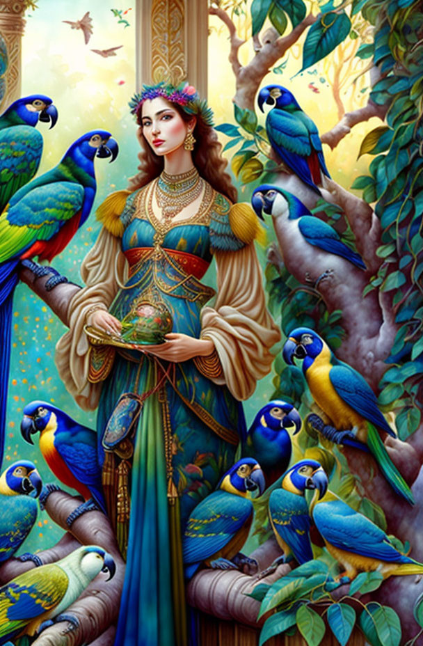 Woman in ornate gown surrounded by blue and green parrots in lush forest setting