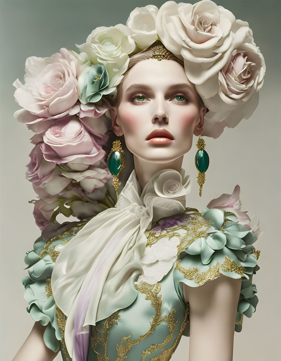 Woman in oversized rose headpiece, pale makeup, green earrings, gold mint outfit.