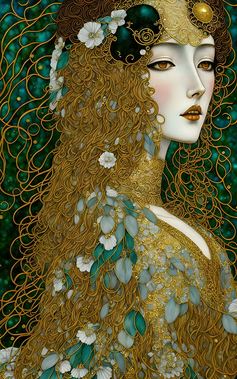 Detailed Illustration of Woman with Golden Hair and Headdress on Green Background