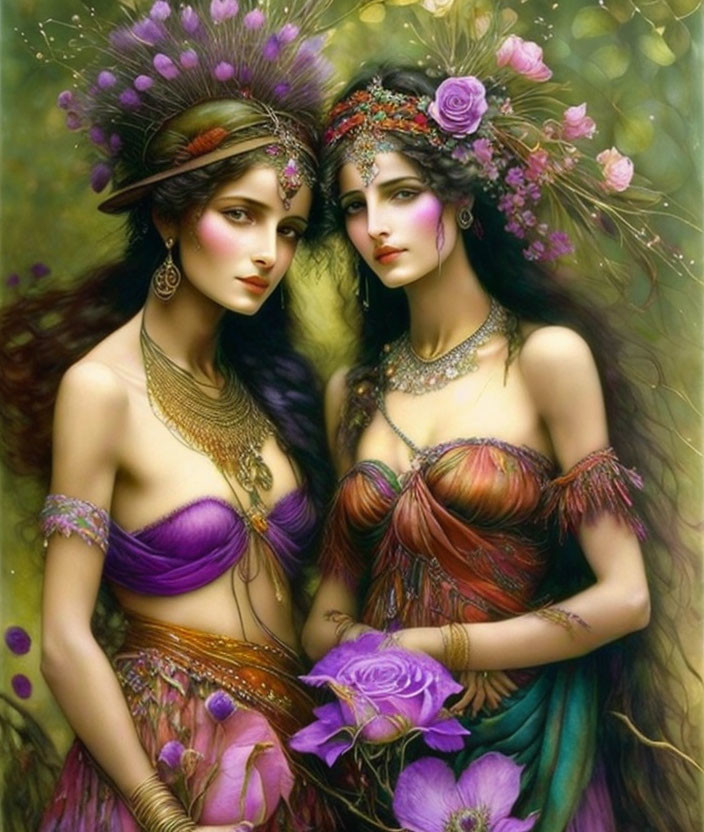 Portrait of Two Women with Elaborate Headdresses and Jewelry in Romantic Setting