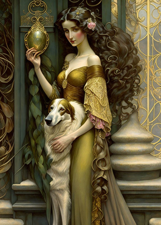Dark-haired woman in golden dress with hourglass and white dog by column