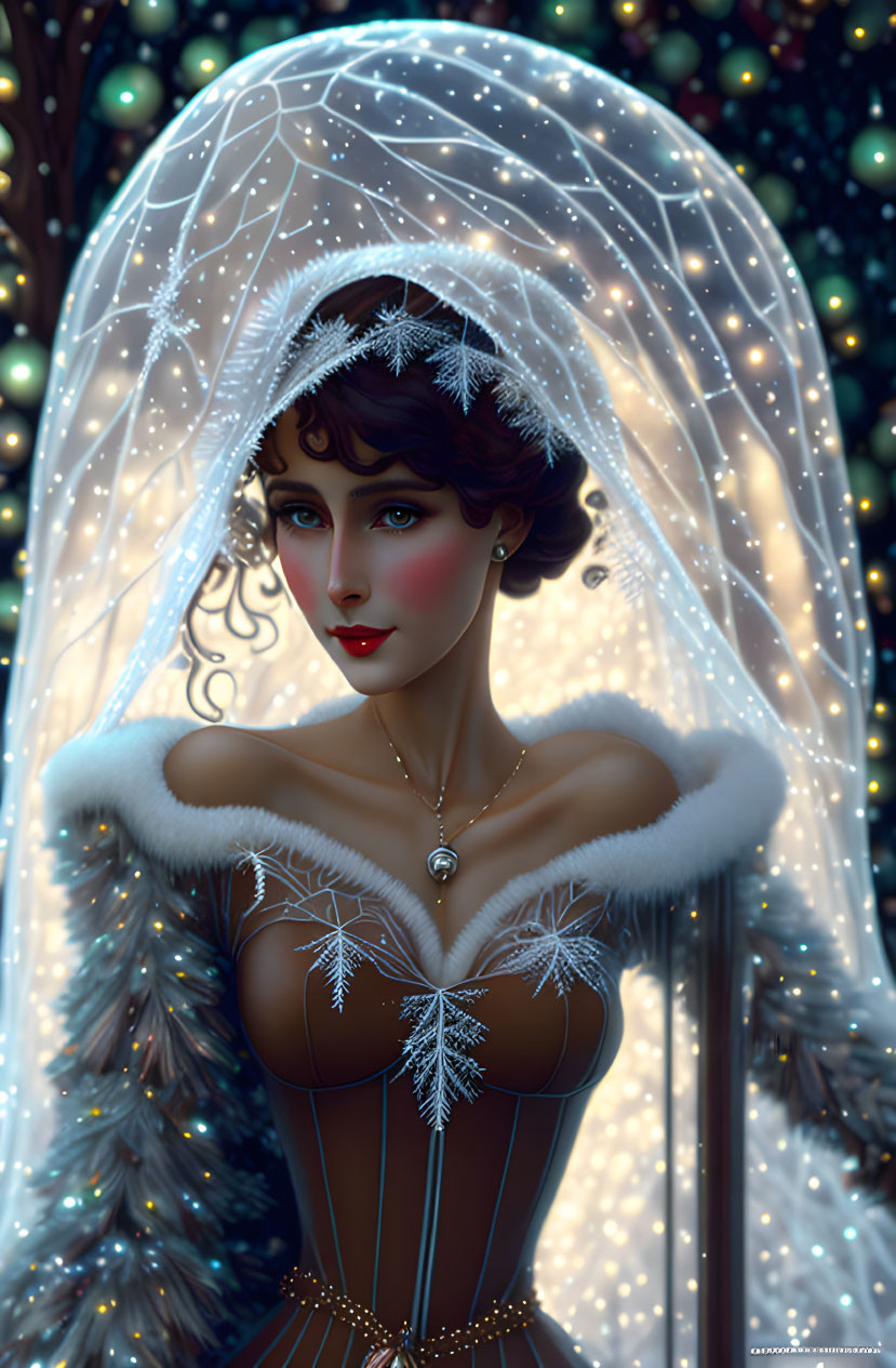 Winter-themed digital art portrait of a woman in fur-lined dress with snowflake pendant and frost-patterned