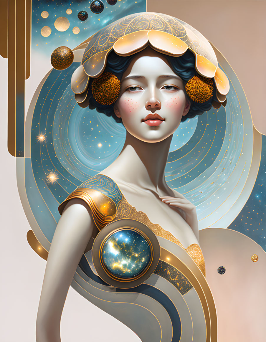 Art Deco style surreal portrait with cosmic elements