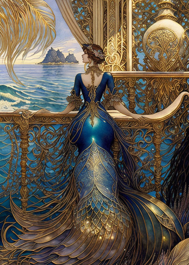 Illustration of woman in blue mermaid gown by gilded railing overlooking tranquil sea.