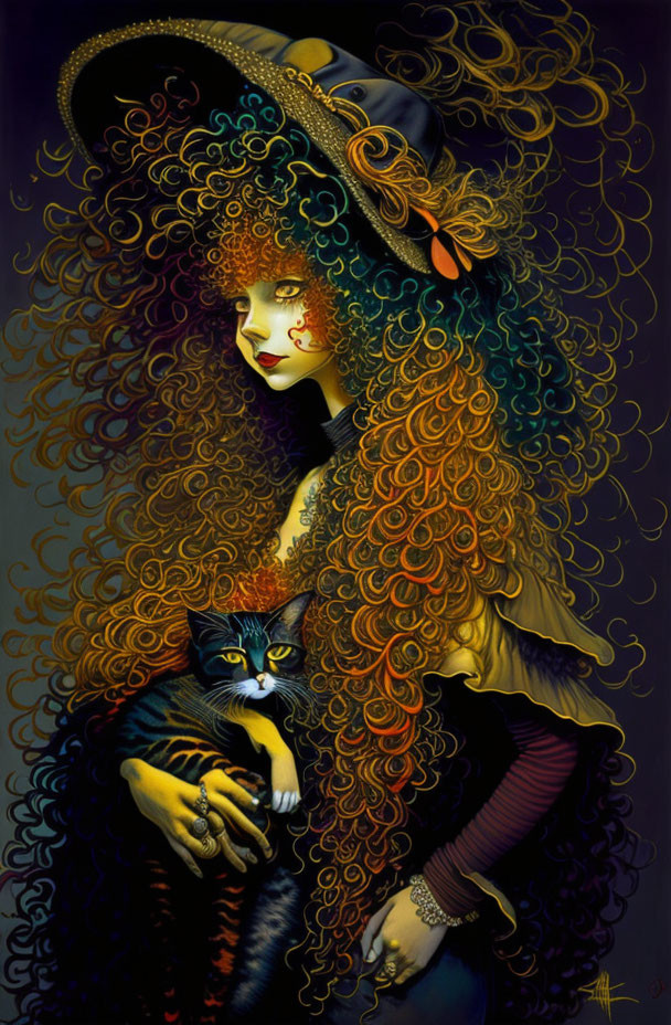 Elaborate Curly Hair Woman Holding Cat with Hat on Dark Background