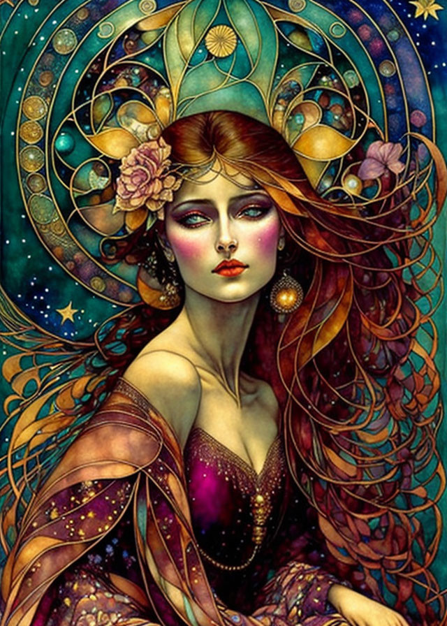 Cosmic-themed woman portrait with stars, flowers, and vibrant colors