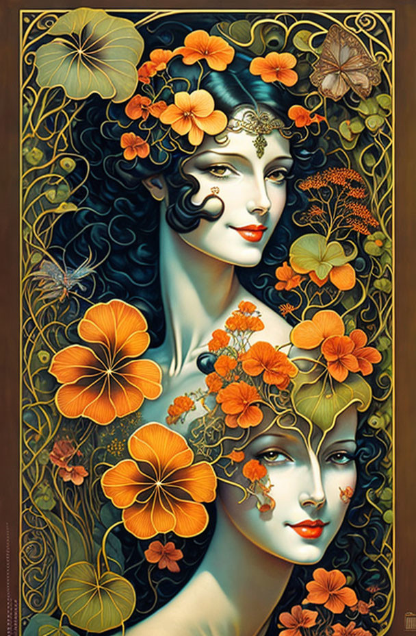 Stylized female faces in Art Nouveau style with orange flowers and intricate leaves