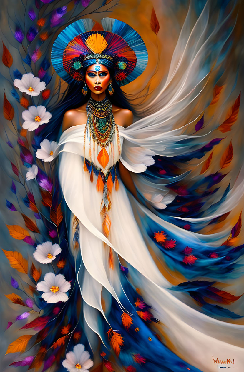 Vibrant digital painting of person in ornate headdress amidst autumn leaves and feathers