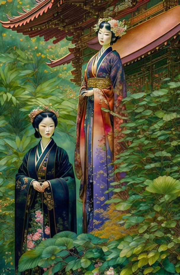 Traditional Japanese Kimonos Amidst Lush Greenery and Ornate Building