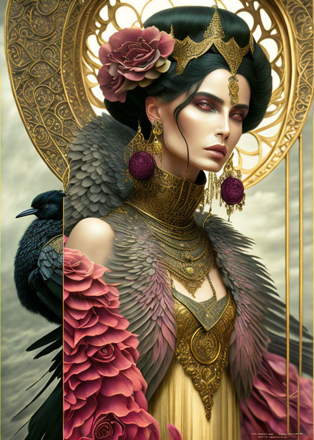 Dark-haired woman with golden headdress and bird in ornate setting