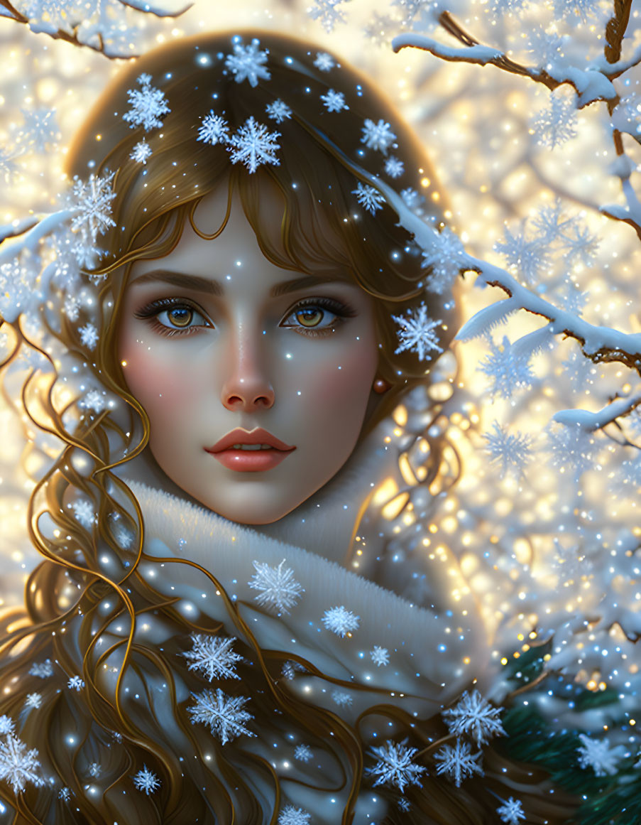 Digital portrait of woman with deep blue eyes in serene winter setting