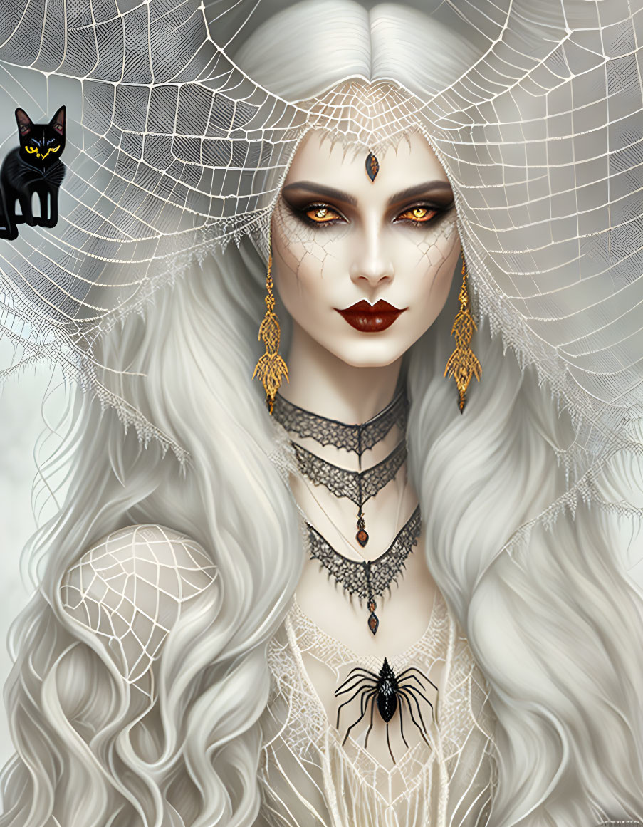 Pale woman with white hair, spiderweb motifs, black cat, and golden earrings