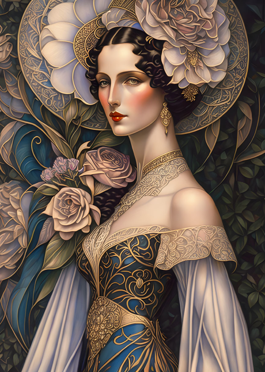 Dark-haired woman with red lips among stylized flowers, Art Nouveau illustration