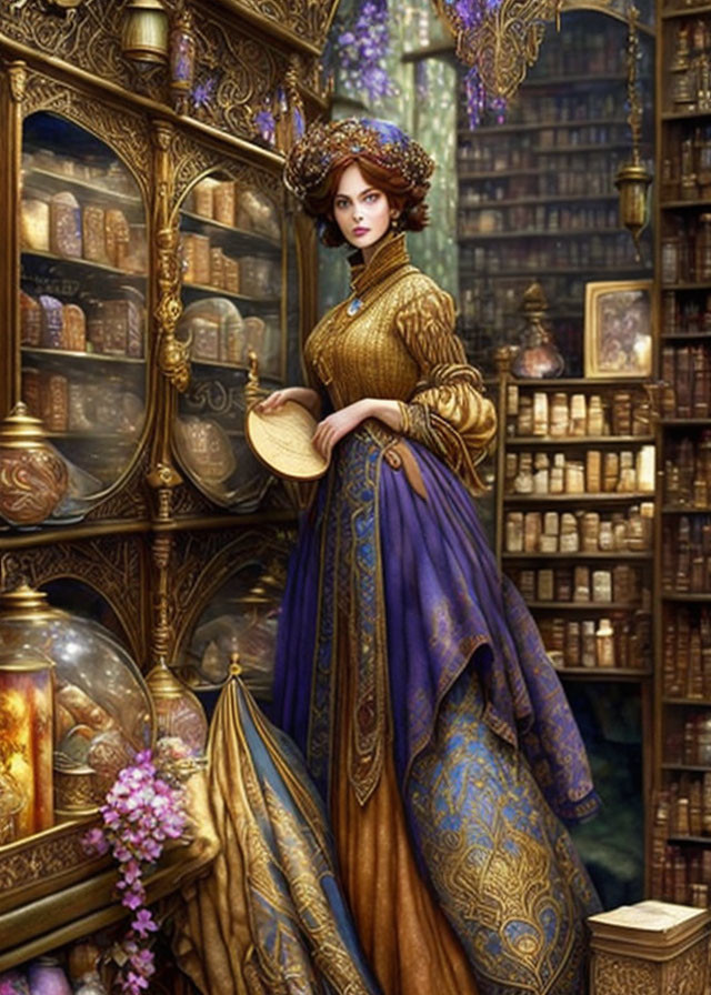 Woman in golden and blue dress with leaf crown in ornate library holding open book