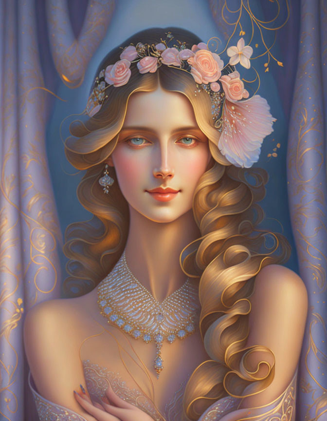 Illustrated woman with flowing curls and floral headpiece in elegant gown with lace detail