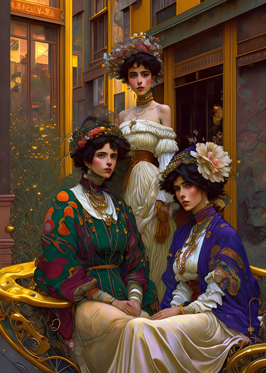 Three women in ornate vintage clothing with intricate hairstyles and floral adornments, seated against an elaborate affluent