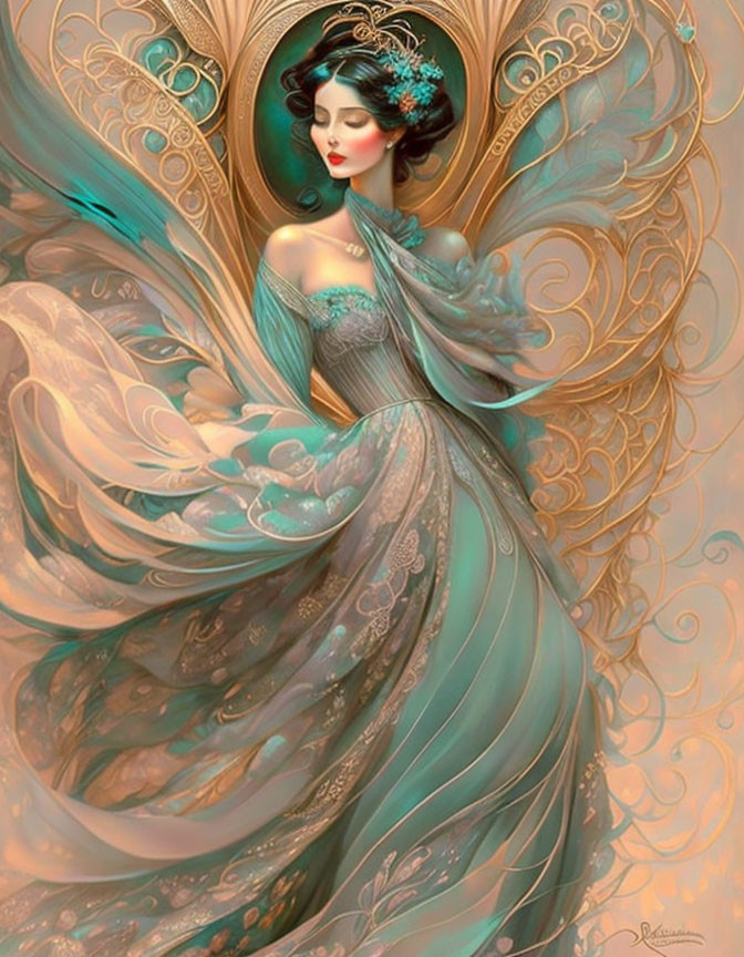 Elegant woman in peacock-inspired gown and headdress in teal, gold, and cream palette