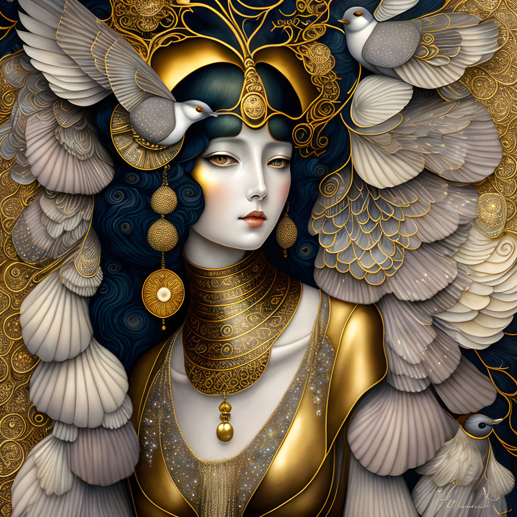 Golden jewelry, feathers, doves, and intricate patterns in a fantasy illustration.