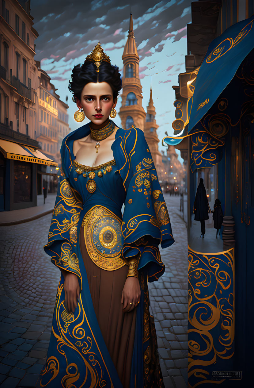 Illustrated woman in royal blue attire on historic cobblestone street at dusk