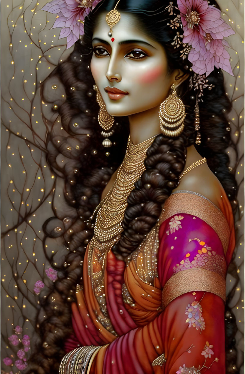 Traditional Indian Attire Woman Illustration with Cherry Blossoms