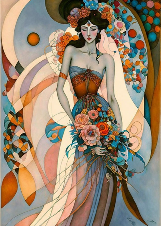 Art Nouveau Style Woman Illustration with Flowing Lines and Floral Motifs