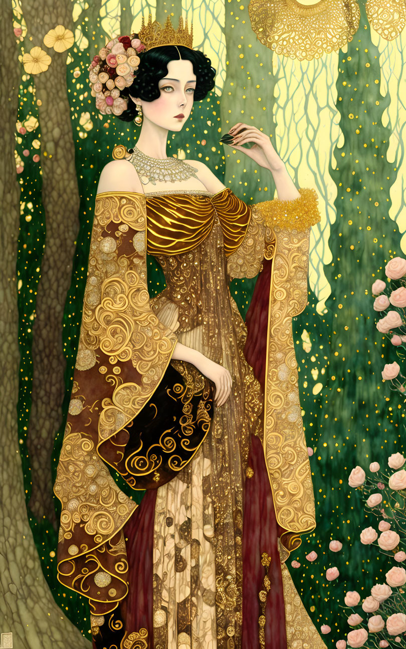 Detailed Golden Gown: Elegant Woman Among Blossoming Trees