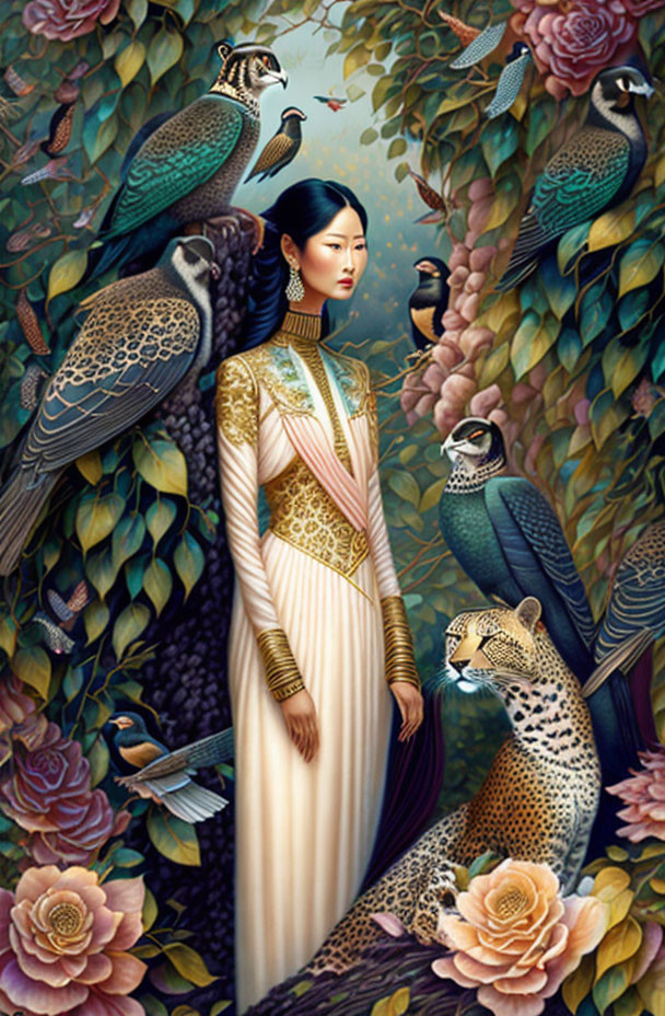 Woman in elegant dress surrounded by peacocks, leopard, and flowers in colorful scene